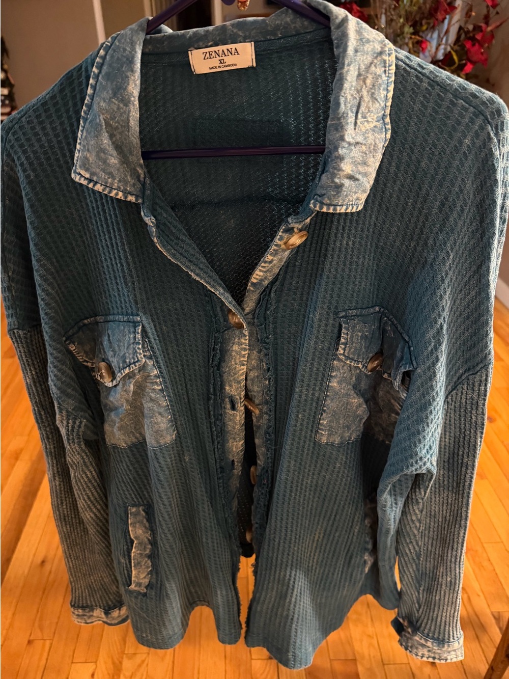 Zenana Teal Waffle Knit Button-Up Shirt size xl $15